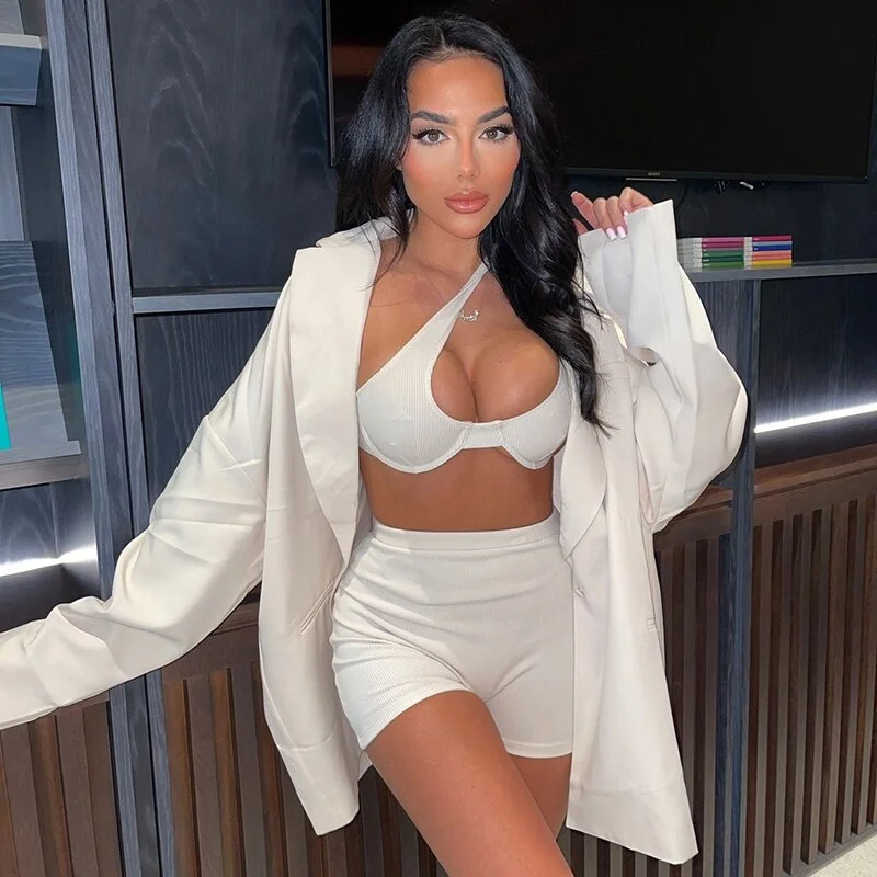 Hugcitar Ribbed Diagonal Collar Sleeveless Hollow Out Crop Top Mini Shorts 2 Pcs Set 2022 Sexy Women Streetwear Y2K Party Club