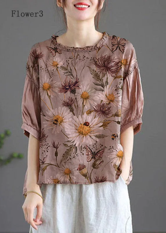 Modern Pink-Flower3 Regular Embroidered Summer Floral Half Sleeve