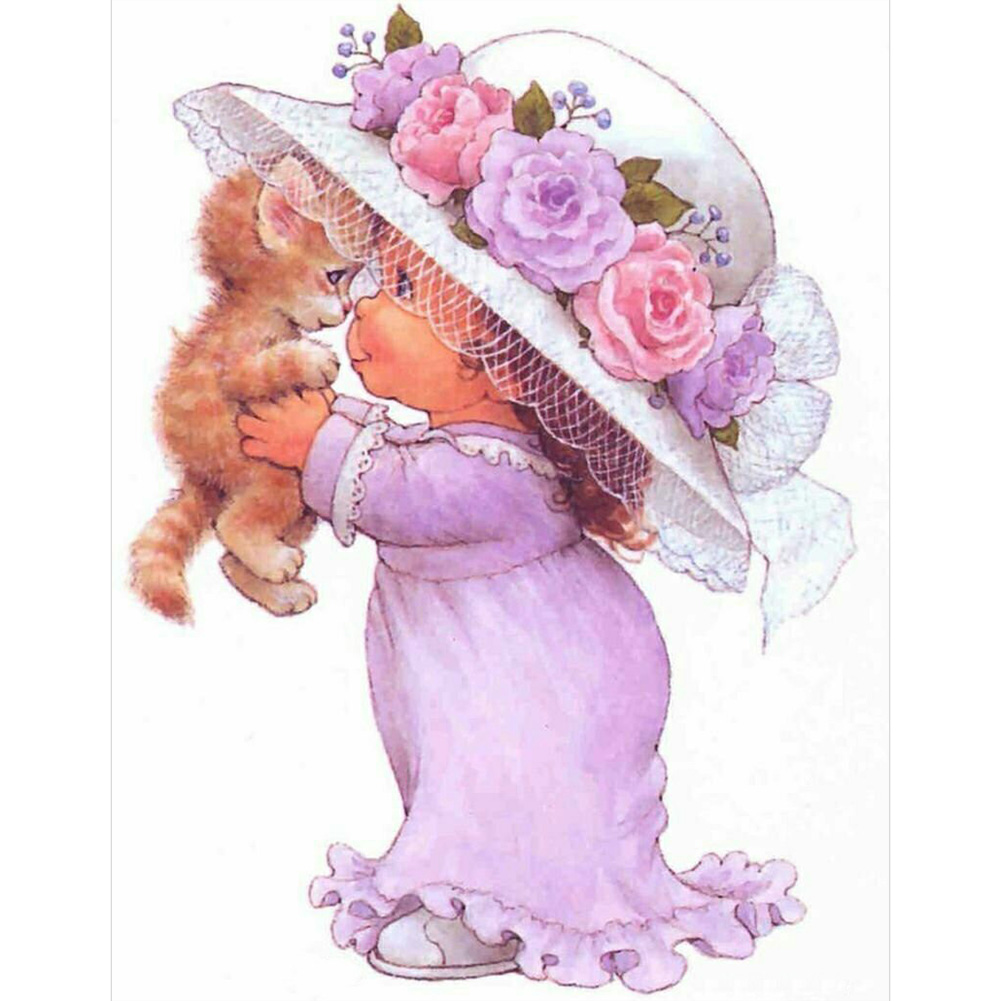 

30*40CM - Round Drill Diamond Painting - Girl Holding Cat, 501 Original
