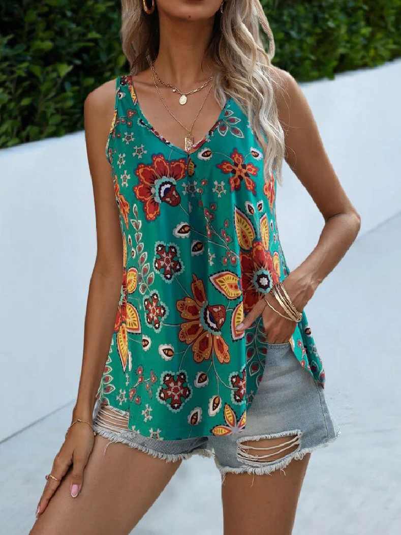 Women plus size clothing Women Floral Printed Sleeveless Vest Tops-Nordswear