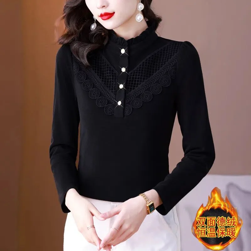 Jangj Winter Ruffles Stand Collar Double Side Velvet Bottoming Shirt Top Women Elegant Fashion All-match Blouse Femme Pullover