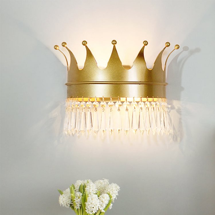 Metal Crown Wall Sconce Lighting Cartoon 2 Heads Gold LED Wall Mount Lamp with Crystal Drop Deco