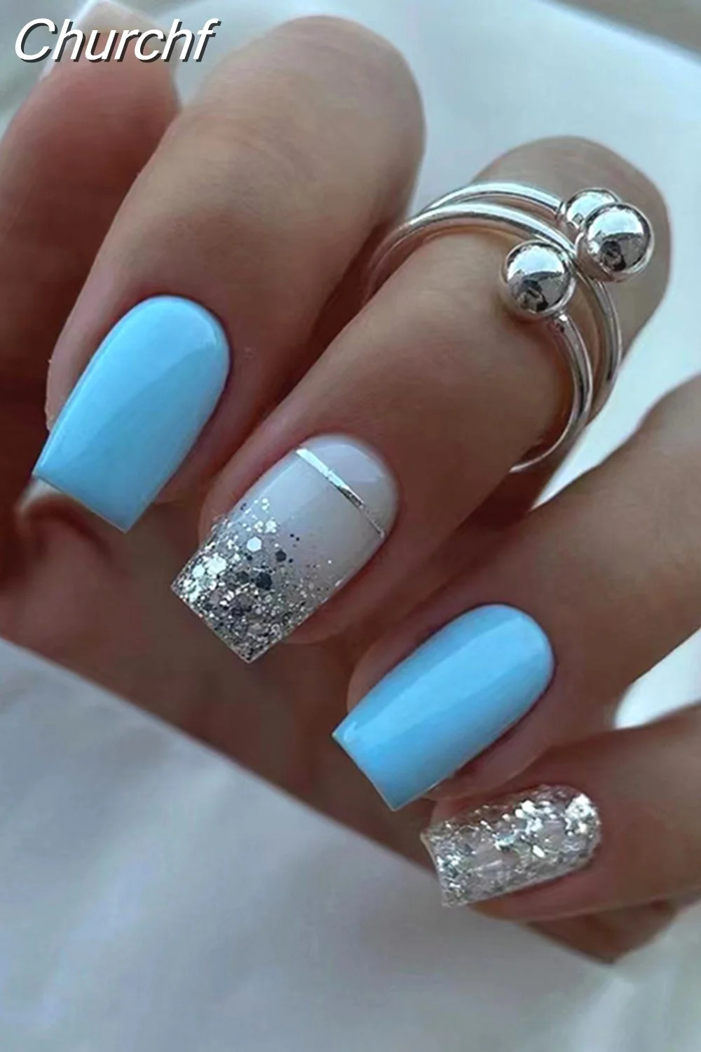 Churchf Nail Full Cover Fake Nail Pink Glitter Wearable French Short Nails Square Head False Nail Press On Nails Manicure Tool 715-1-Nail Inspo