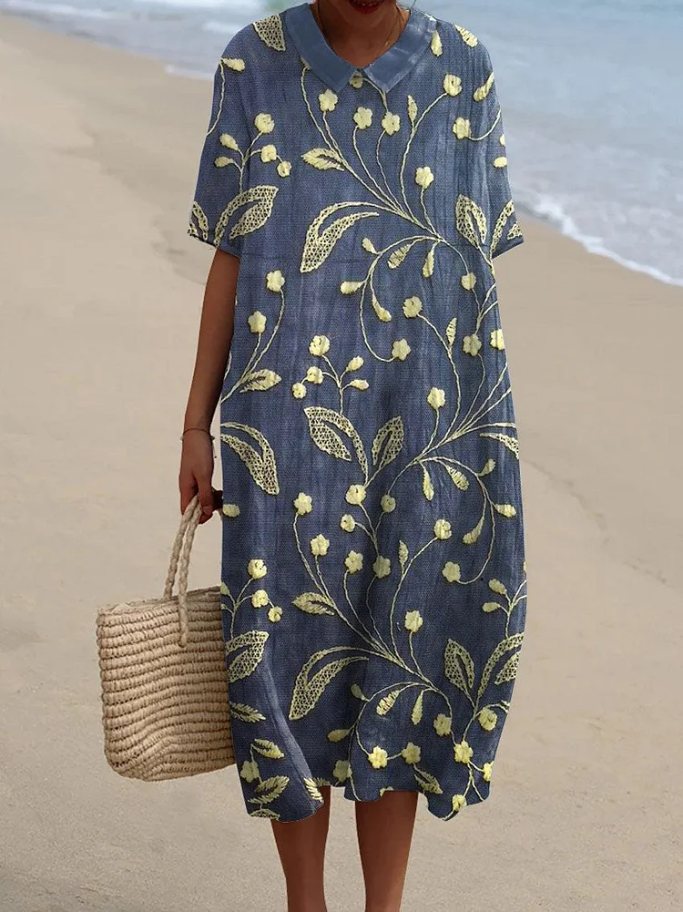 Women's Vintage Floral Art Print Pocket Linen Dress（Convertible Dress With Front And Back Option）