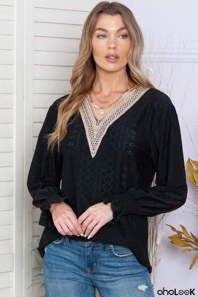 Eyelet V-Neck Flounce Sleeve Blouse