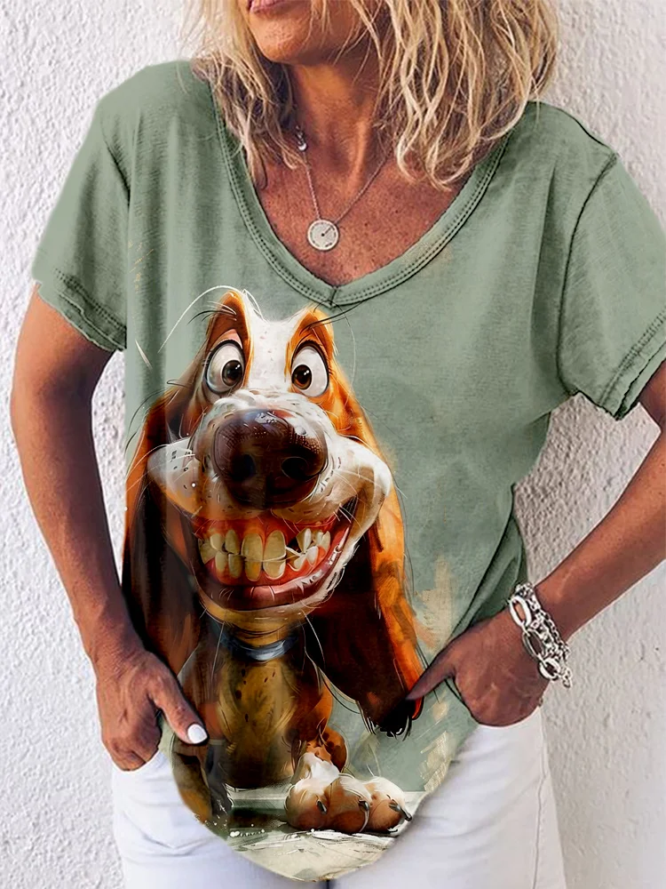 Whimsical Dog Art Pattern V Neck Comfy T Shirt