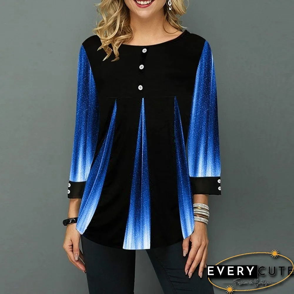 Loose Casual Womens Fashion Trend Autumn Long Sleeve Round-neck Button Shirt