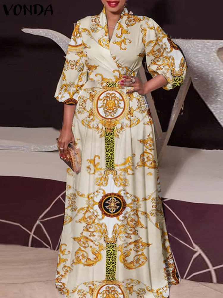 VONDA 2022 Summer Women Long Dress Sexy 3/4 Sleeve Vintage Print Pleated Maxi Sundress Bohemian Vestido Casual V Neck Party Robe