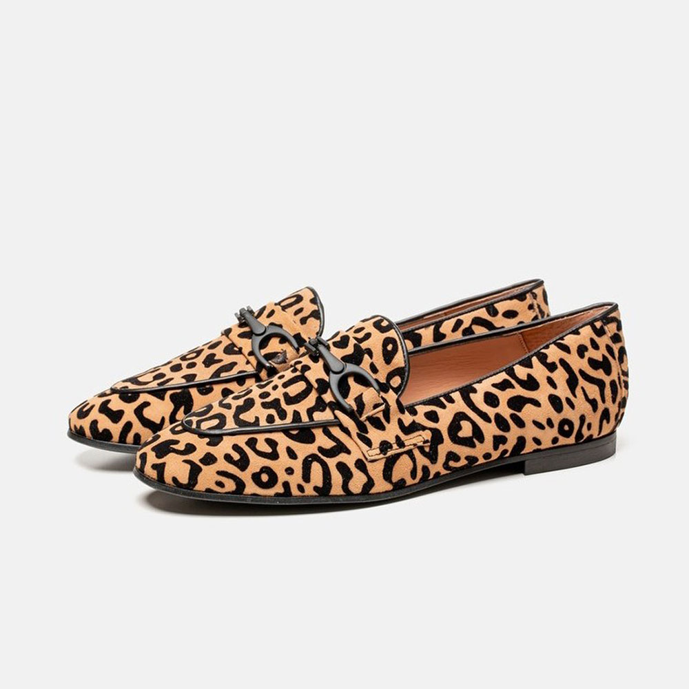 Brown Faux Suede Round Toe Elegant Leopard Flat Loafers Nicepairs