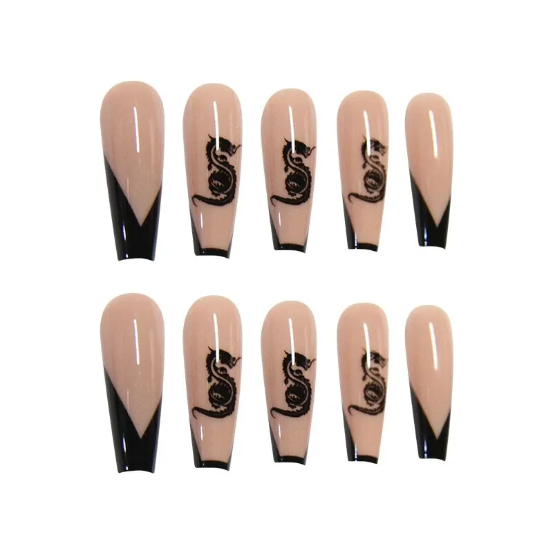24pcs/Set Black French False Nails Detachable Punk Dragon Pattern Coffin Fake Nails Fingernail DIY Ballerina Nail Art Full Tips-Nail Inspo
