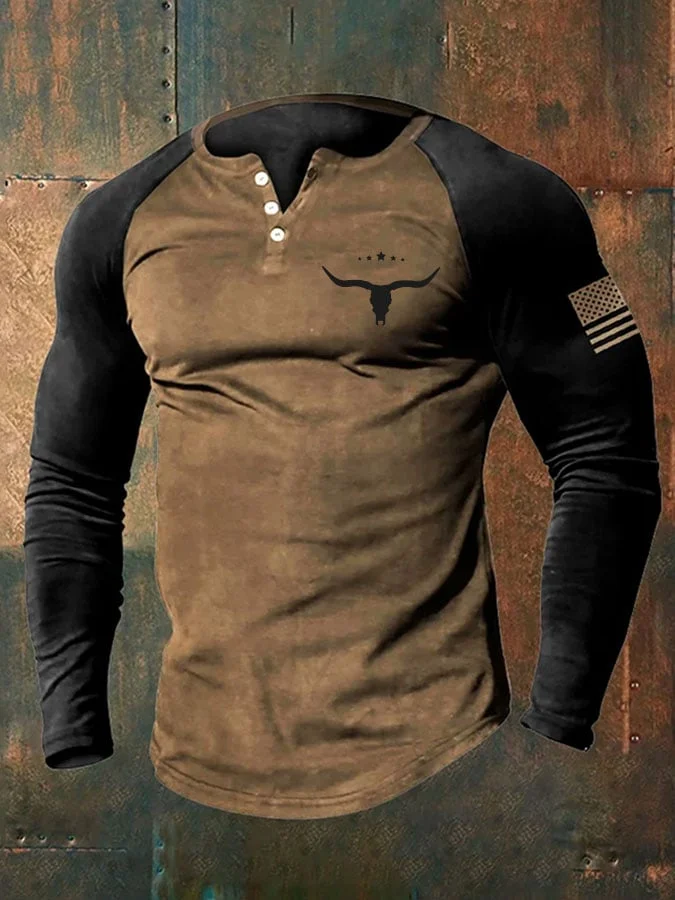 Men's Retro Western Print Color Block Long Sleeve T-Shirt