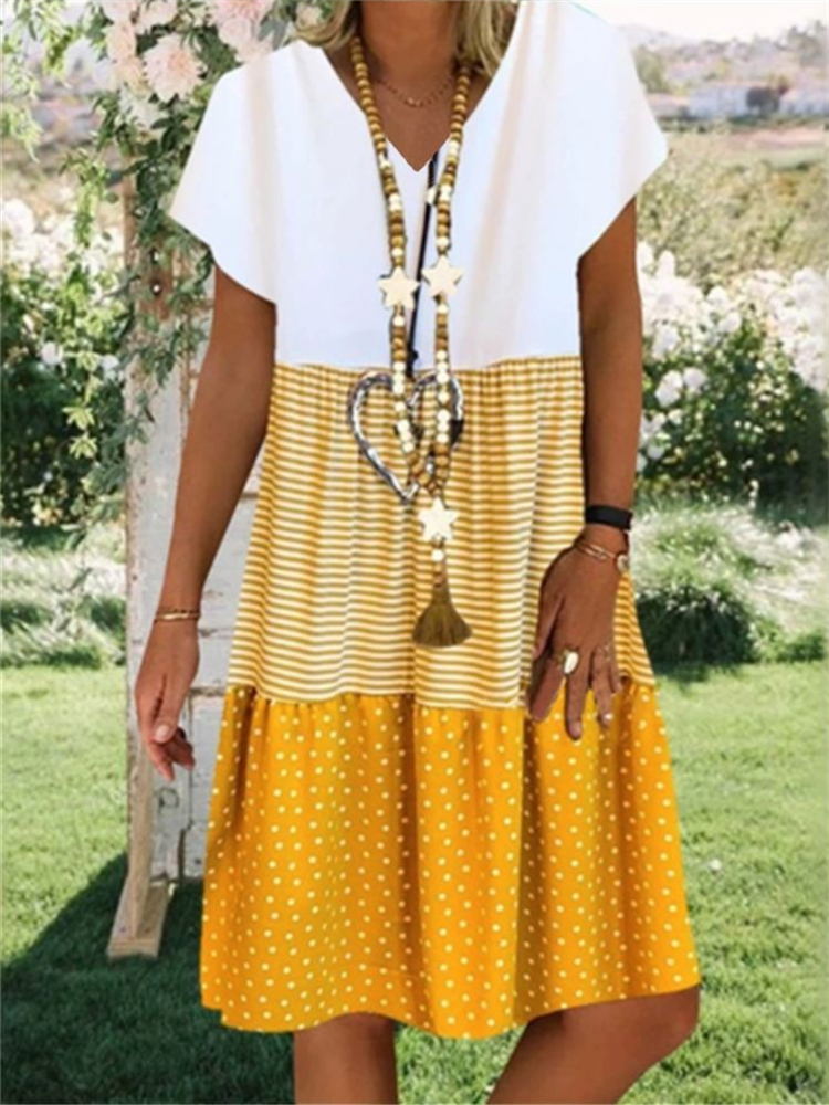 Polka Dot & Striped Patchwork Casual Midi Dress wearshes