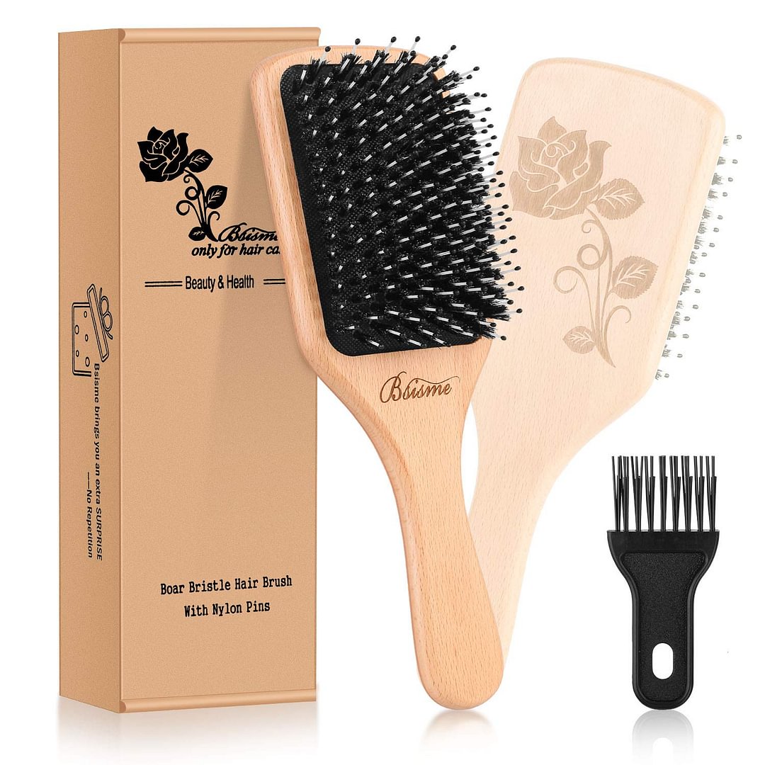 Hair Brush-Boar Bristle Brush with Detangling Pins Wooden Paddle Detangler Hairbrush