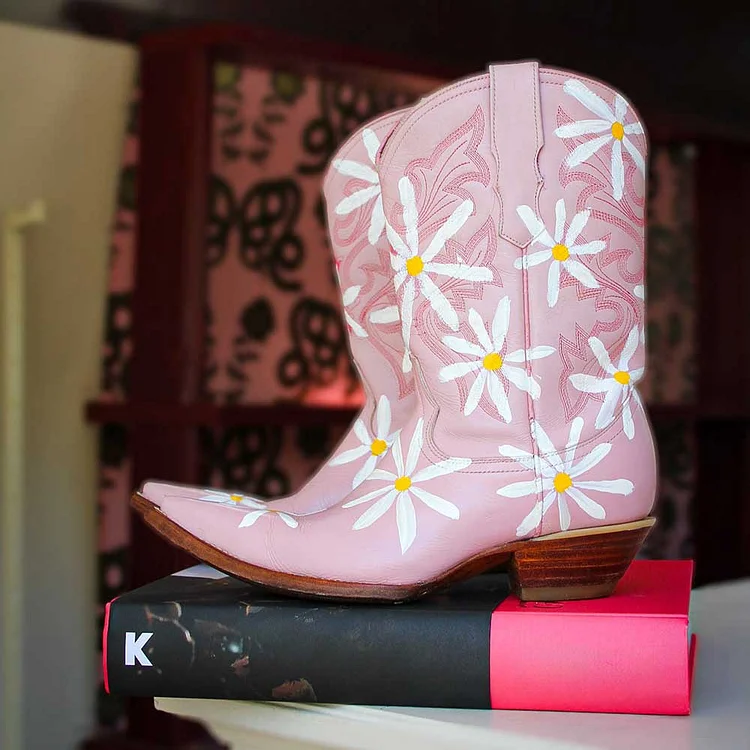 Pink Chunky Heel Flower Cowgirl Western Mid Calf Boots for Women |FSJ Shoes