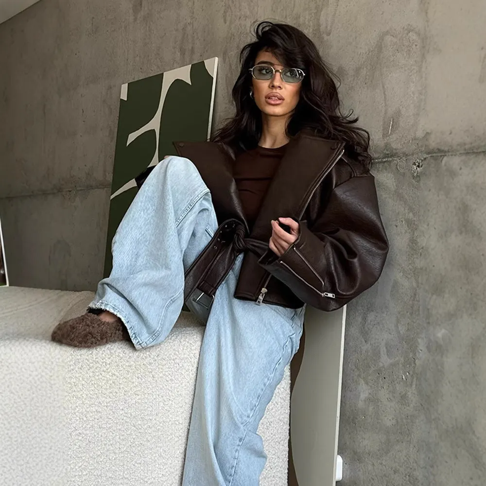Women's Oversized Wide Shoulder Belted Moto Leather Jacket