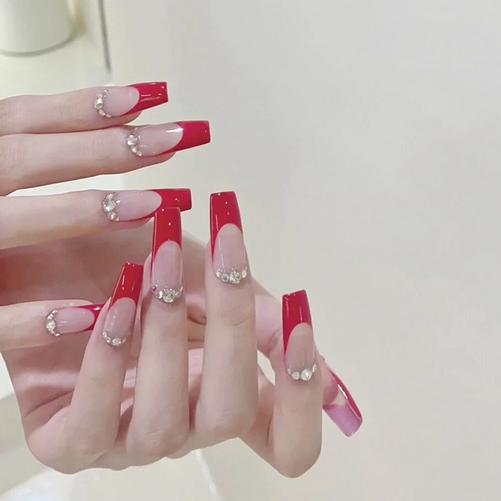 24Pcs Red French False Nails With Rhinestones Detachable Long Coffin Ballerina Fake Nails Full Cover Nail Tips Press On Nails-Nail Inspo