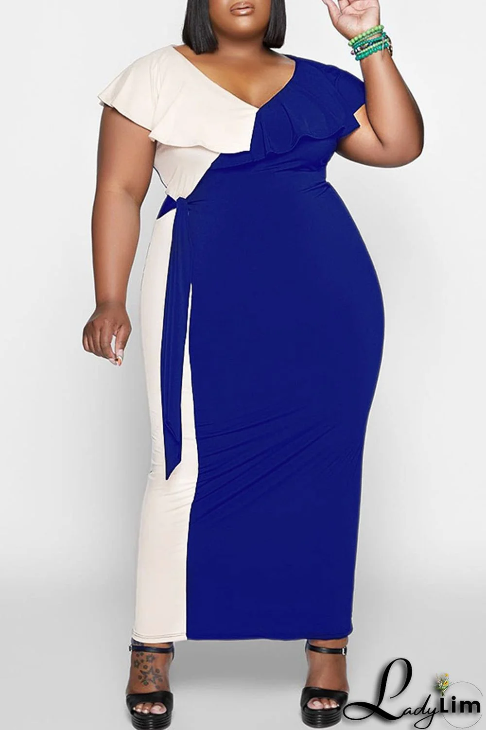 Blue Sexy Patchwork Bandage Flounce V Neck One Step Skirt Plus Size Dresses