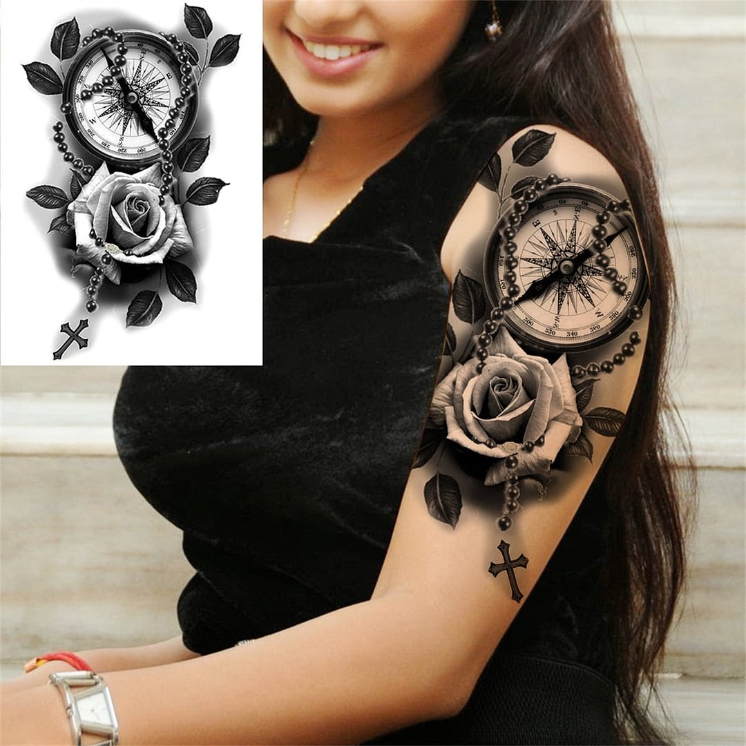 Flower Compass Temporary Tattoo For Women Girls Adult Rose Peony Tattoos Sticker Fake Black Floral Body Art Thigh Tatoos Paper