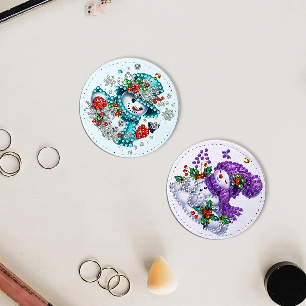 DIY Diamond Art Portable Cosmetic Mirror Round Diamond Painting Crafts (Snowman)