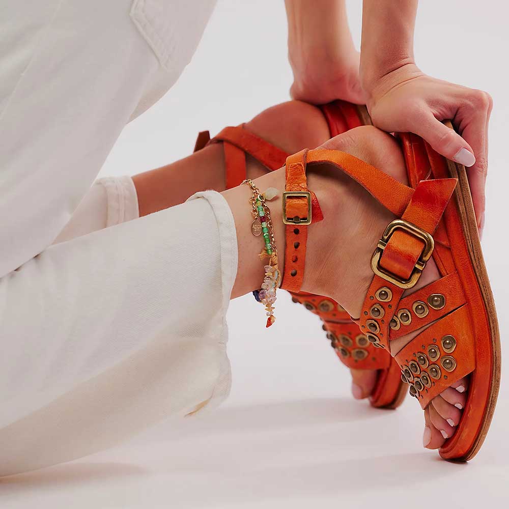 Stylish Orange Open-Toe Buckle Strappy Studded Flat Summer Sandals Nicepairs