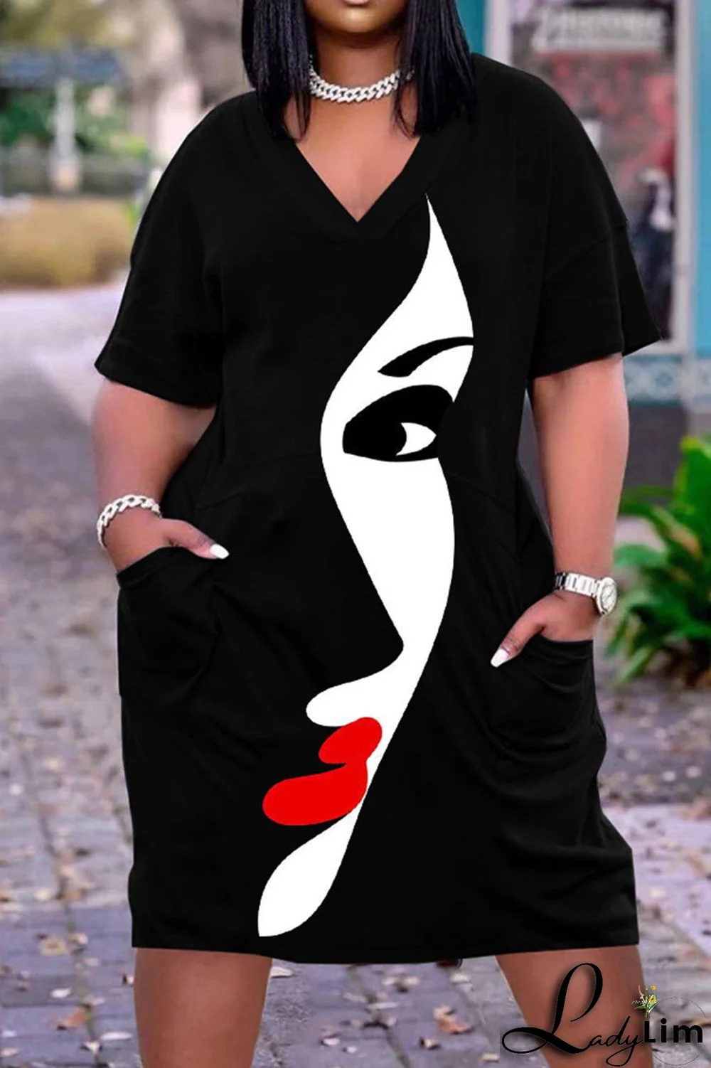 Beige Casual Street Print Patchwork V Neck Straight Dresses