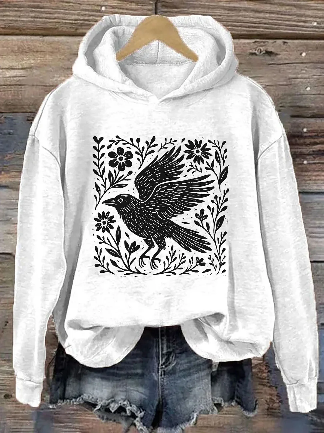 Folklore Forest Crow Lino Print Hoodie