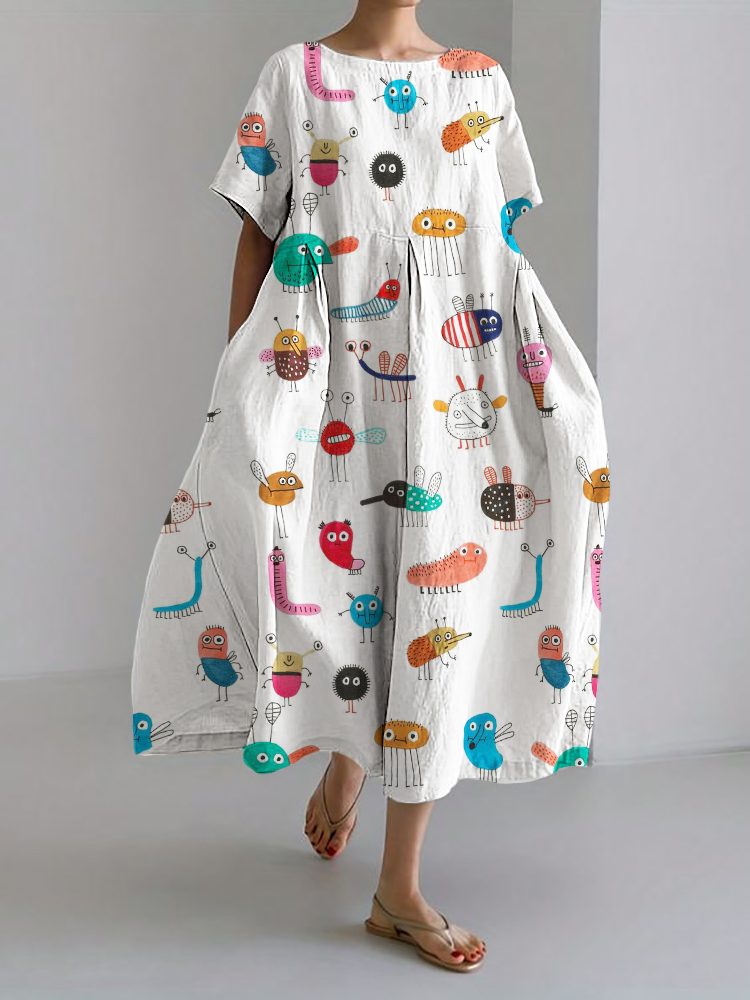 Comstylish Funny Lovely Bugs Pattern Linen Blend Maxi Dress