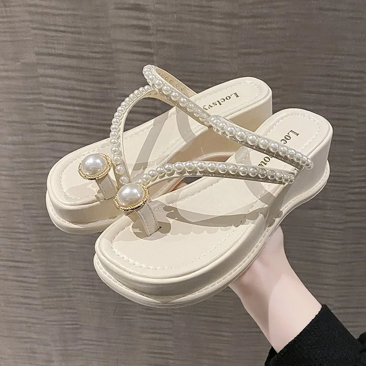 Wongn Wongn Summer New Korean Edition Bead Set Toe Slope With Cool Drag Fashion Sweet Platform Slippers Women's Shoes