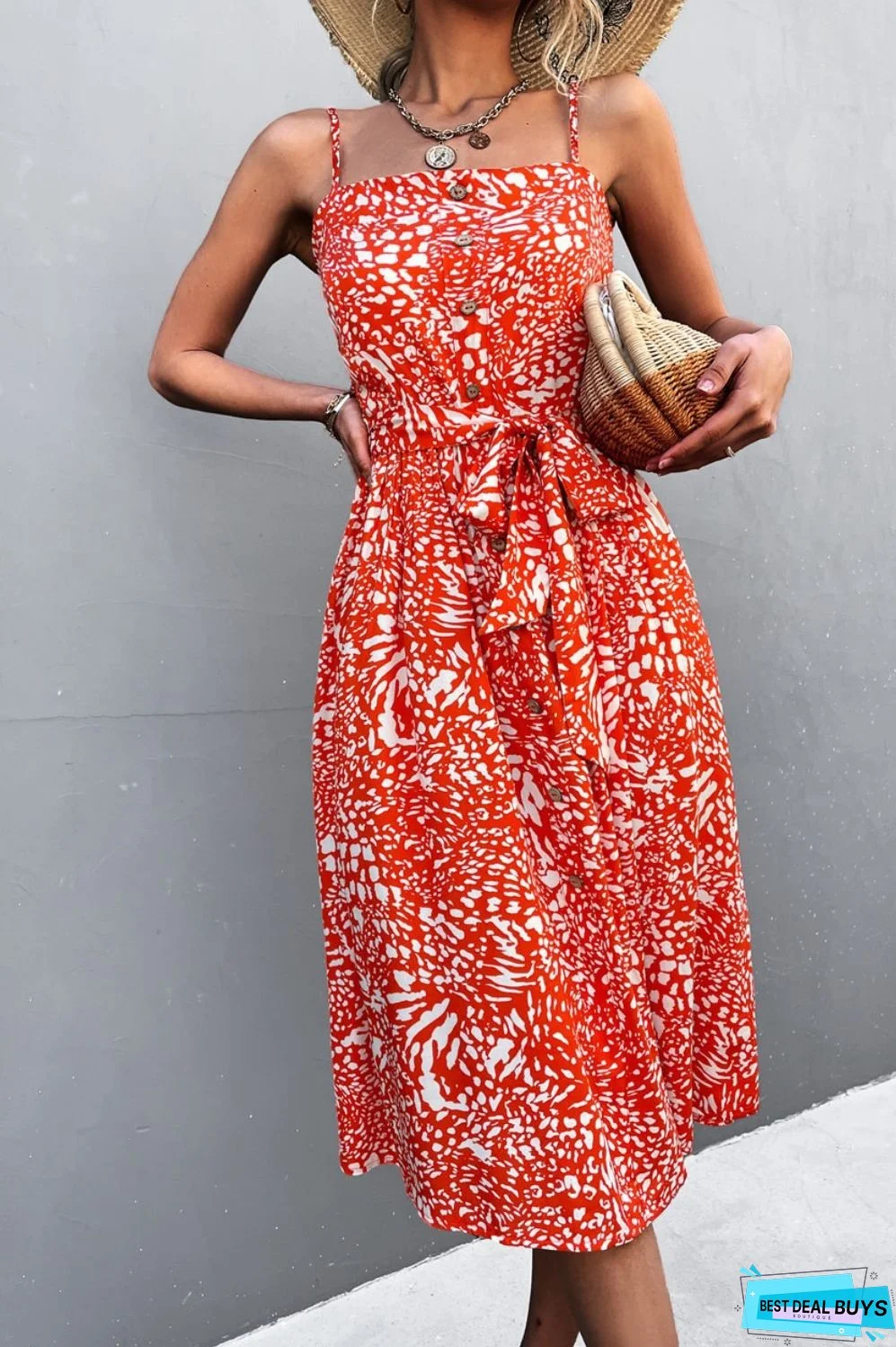 Printed Spaghetti Strap Decorative Button Belted Dress