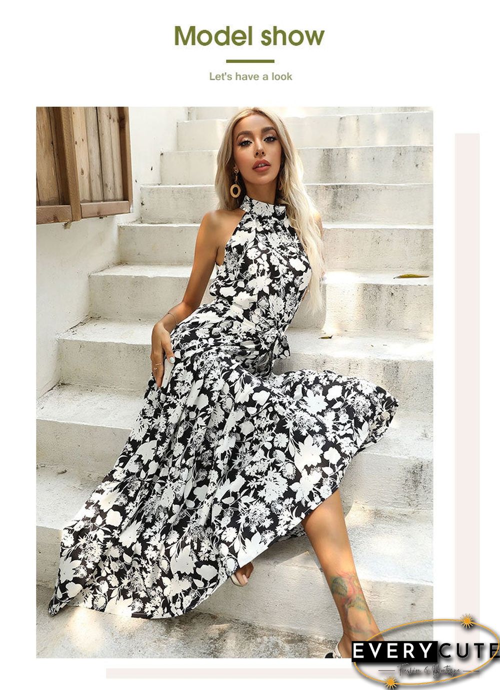 Summer New European and American Printed Open Neck Dress with Suspender