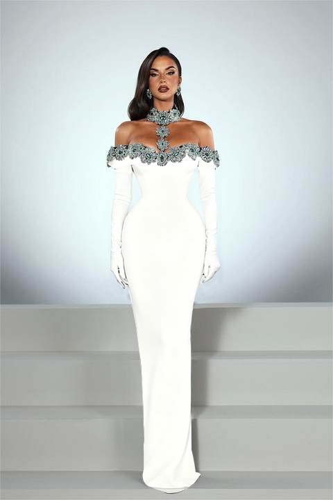 Daisda Charming Black Satin Long Sleeves Off the Shoulder Prom Dress with Beadings