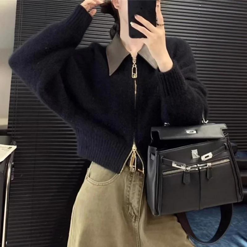 Toloer Toloer Goods Sweater Coat Women's Leather POLO Collar Stitching Knit Cardigan Zipper Lazy Wind 2024 Autumn / Winter New Top-Outfit Ideas