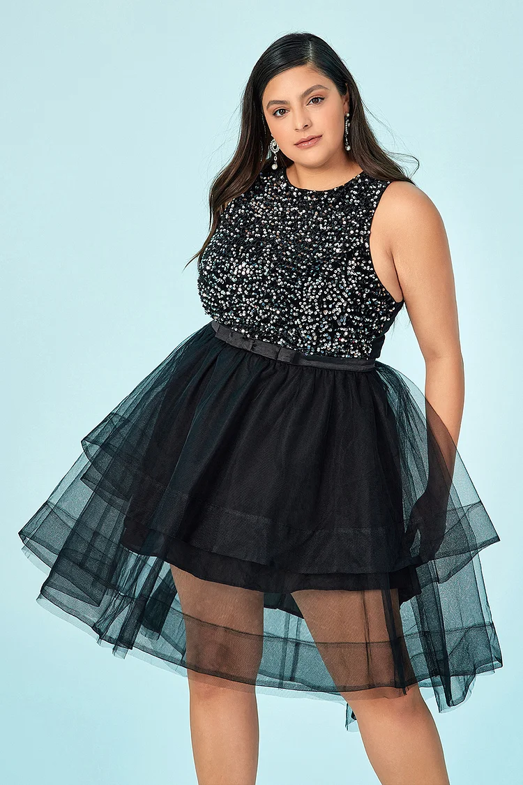 Xpluswear Design Plus Size Homecoming Dress Black Sequin Ruffle Mesh Tiered Asymmetrical Patchwork Mini Dress 