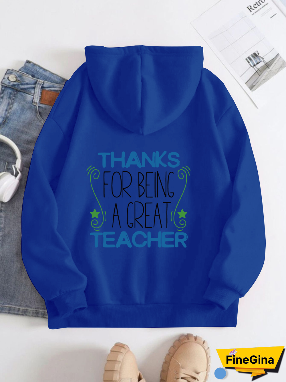 Printed on the Back Kangaroo Pocket Hoodie Long Sleeve for Women Pattern Thank you teacher