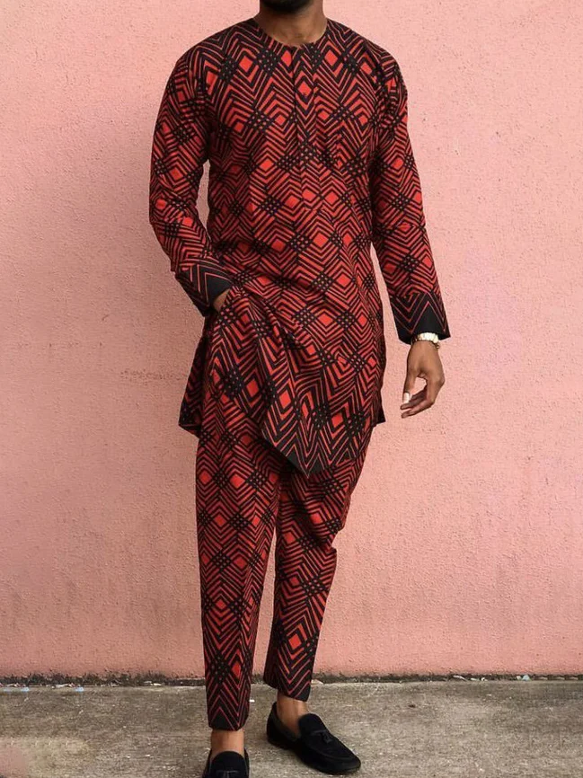 Men's chic casual red geometric print two-piece set