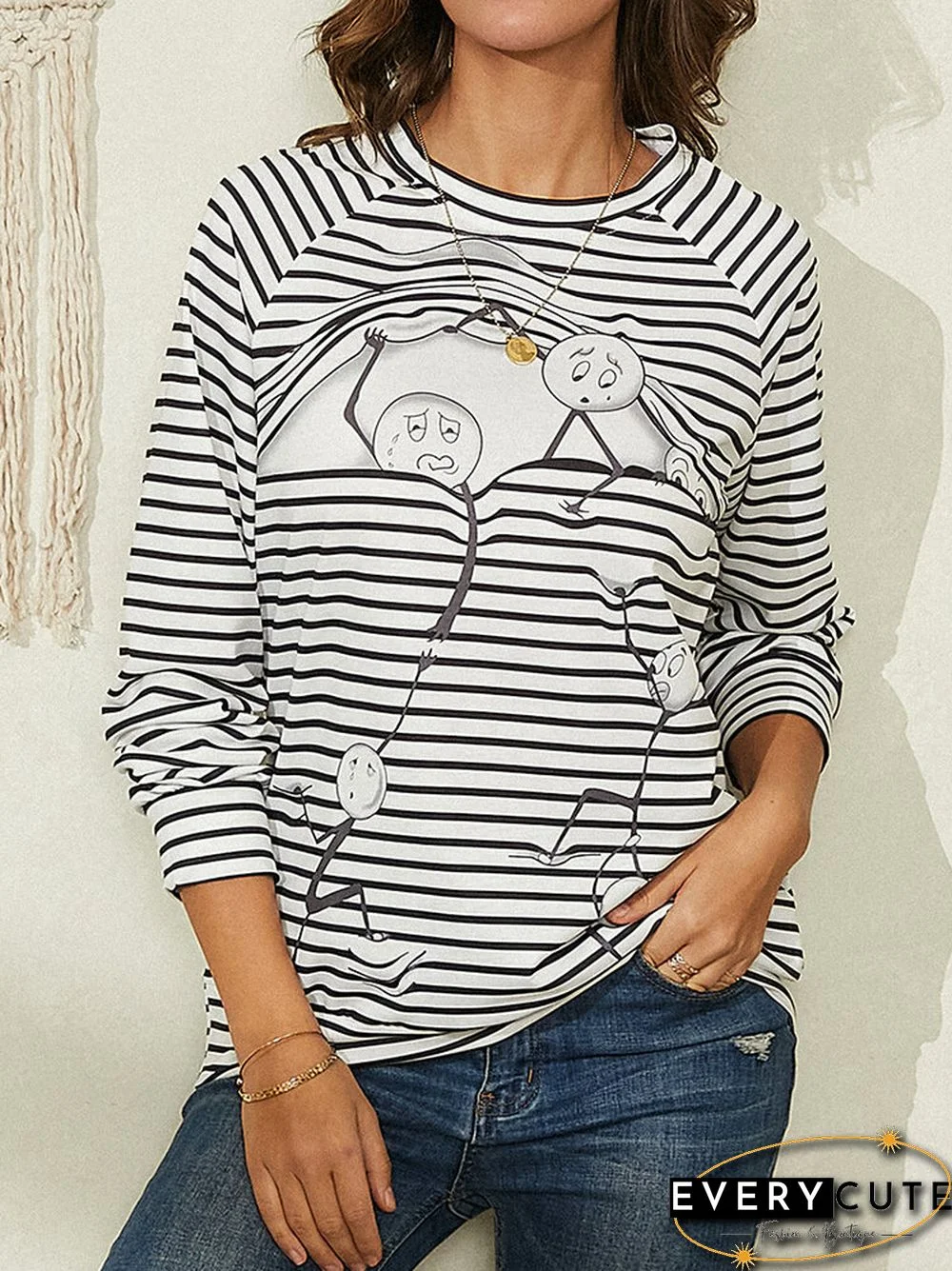 Striped Cartton Print O-neck Long Sleeve Casual T-shirt For Women