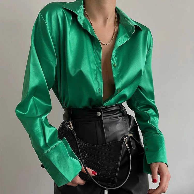 Satin Women's Shirt Polo Collar Office Lady blouse Vintage Blue Green Silk Shirt Loose Button Up Down Shirts Black Fashion Tops