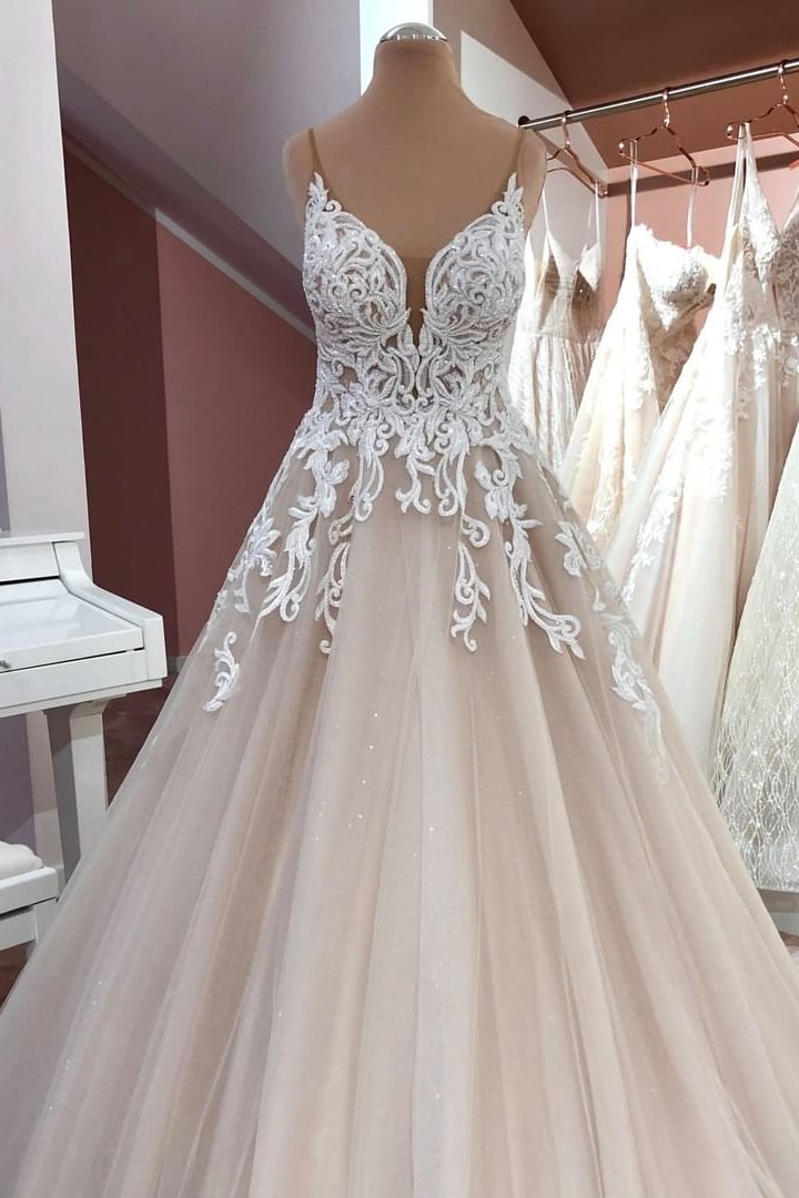 Modest A-Line Sequins Lace Spaghetti-Straps Wedding Dress With Tulle Appliques | Ballbellas Ballbellas