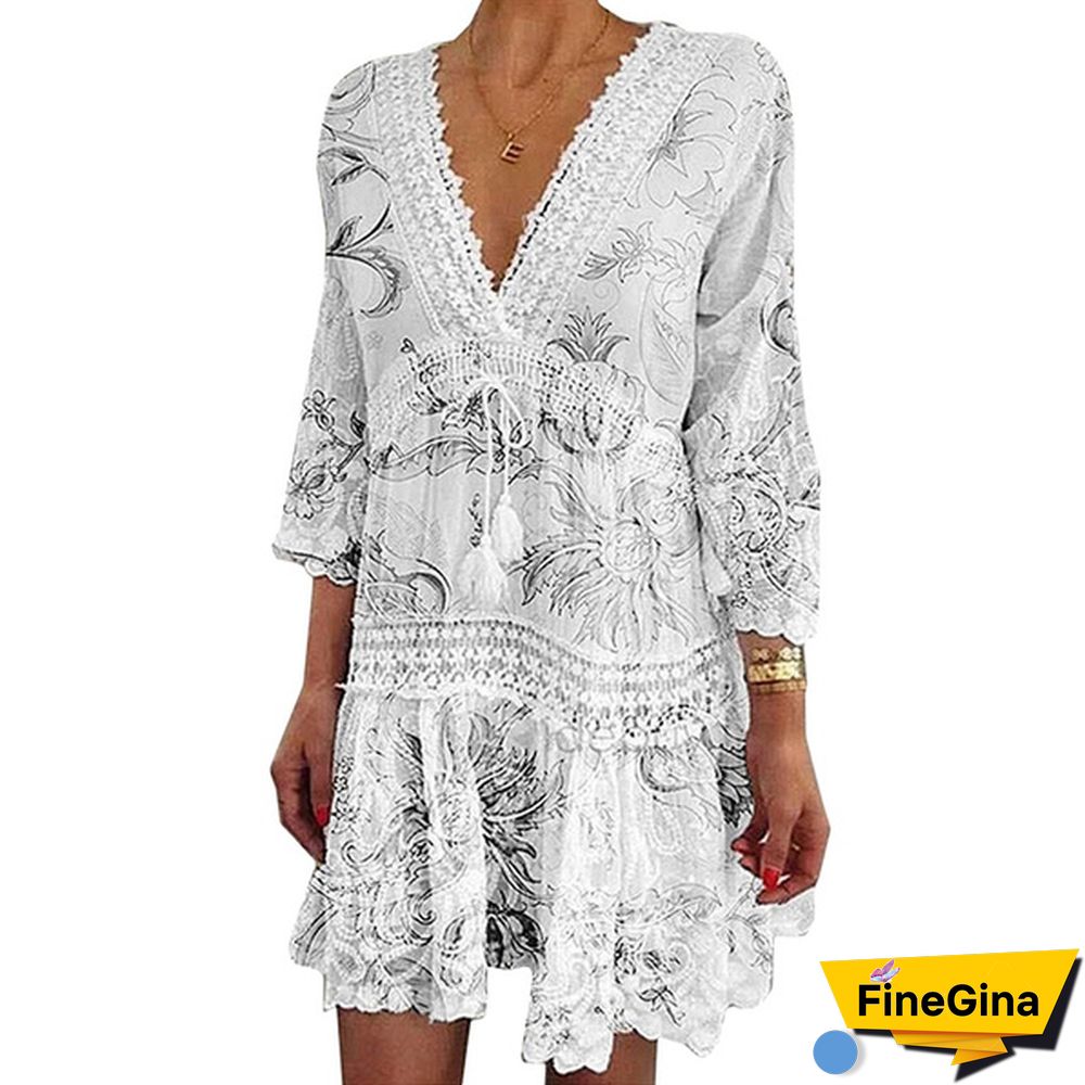 Women Fashion Floral Printed Dress Casual Beach Dress Summer V-neck Lace Dress Sexy Party Dress 3/4 Sleeve Boho Dress