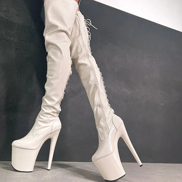 White Almond Toe Platform High Heel Lace Up Thigh Boots Vdcoo