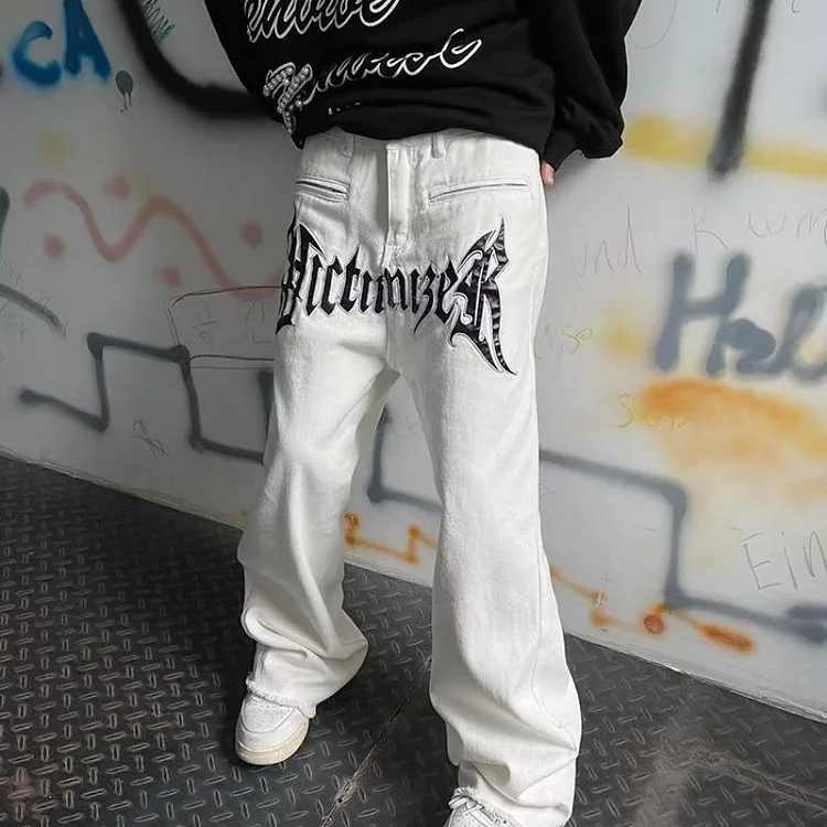 Streetwear Dark Straight Loose Jeans Y2K Casual Embroidery Floor Mopping Jeans at Hiphopee