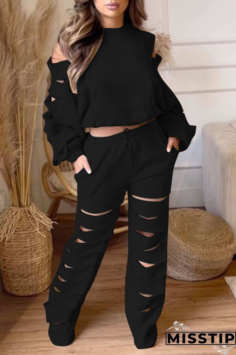 Black Casual Street Solid Hollowed Out Patchwork O Neck Long Sleeve Two Pieces