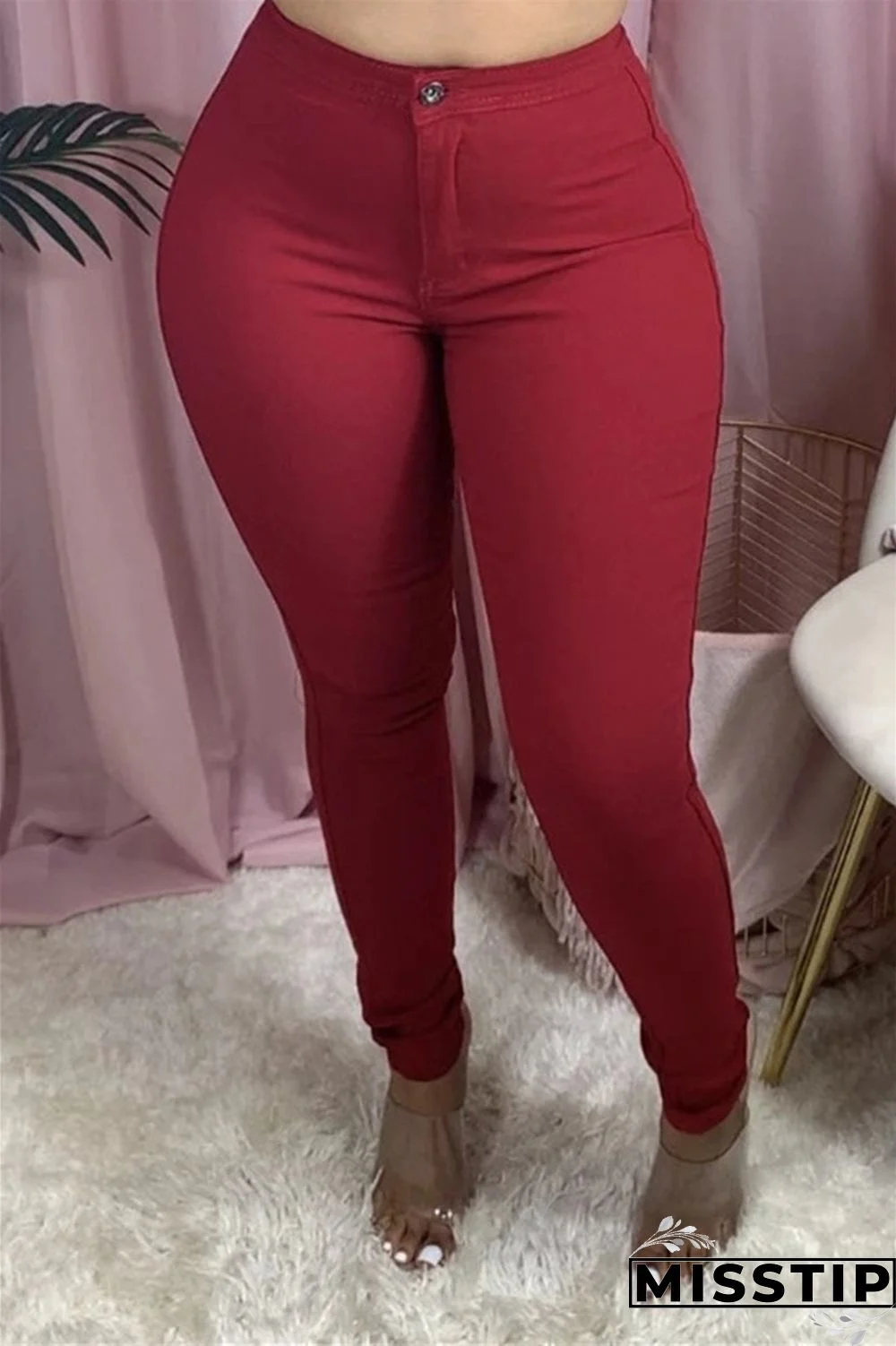 Wine Red Fashion Casual Skinny Solid Trousers