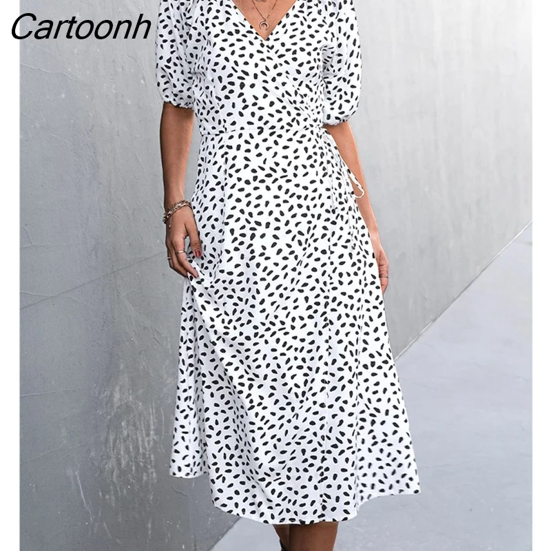 Cartoonh Chiffon Dress Women Puff Sleeve V Neck Side Wrap Midi Dress Fashion Casual Boho A-line Split Dress Beach Sundress Vestido