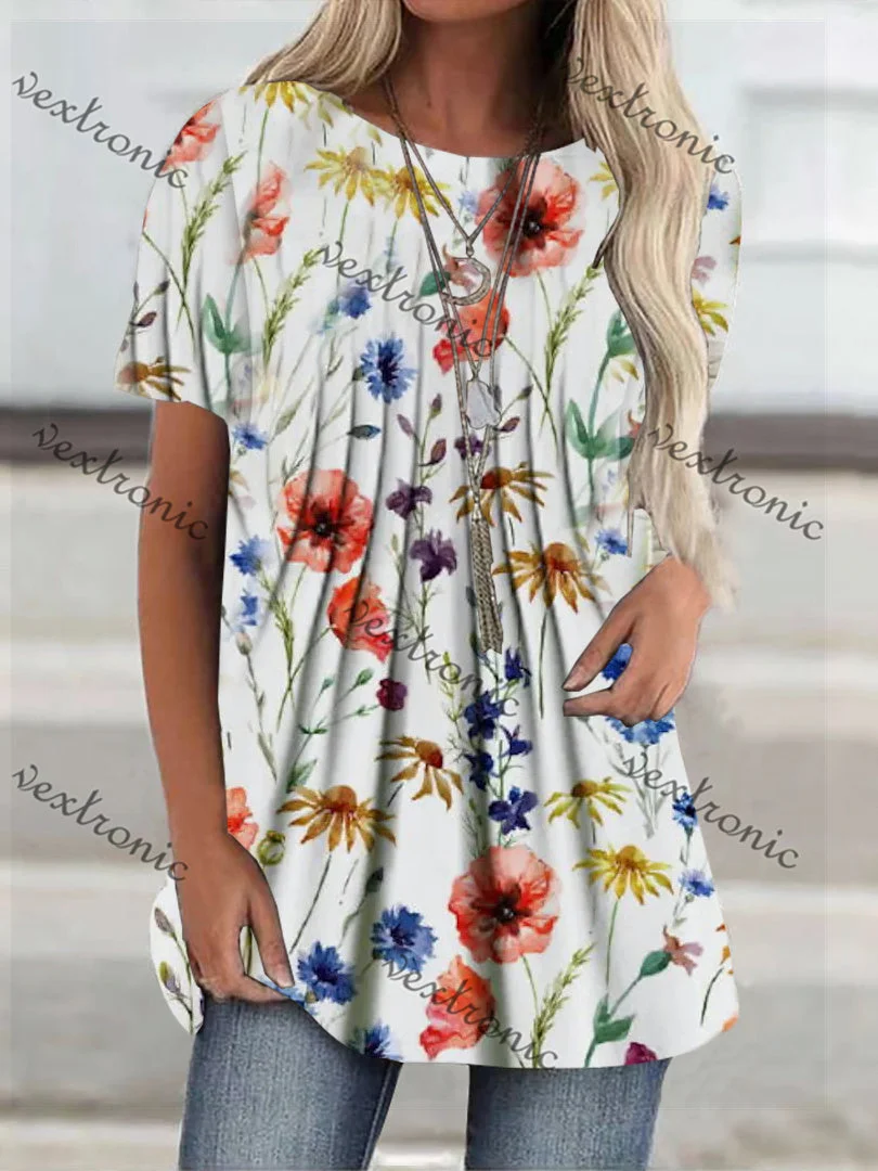 Women's Short Sleeve Scoop Neck White Floral Printed Top