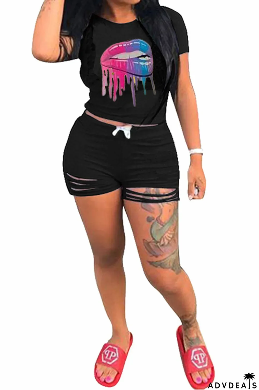 Grey venetian Fashion Active Casual Patchwork Lips Print pencil Short Sleeve Two Pieces