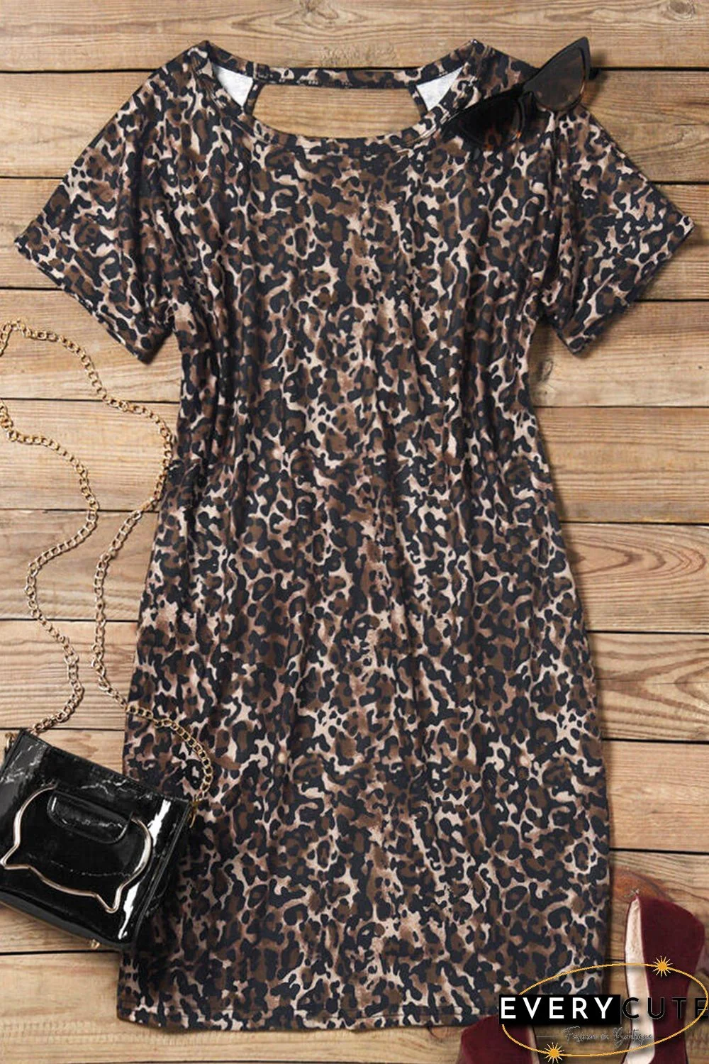 Leopard Short Sleeve Backless Pocketed Mini Dress