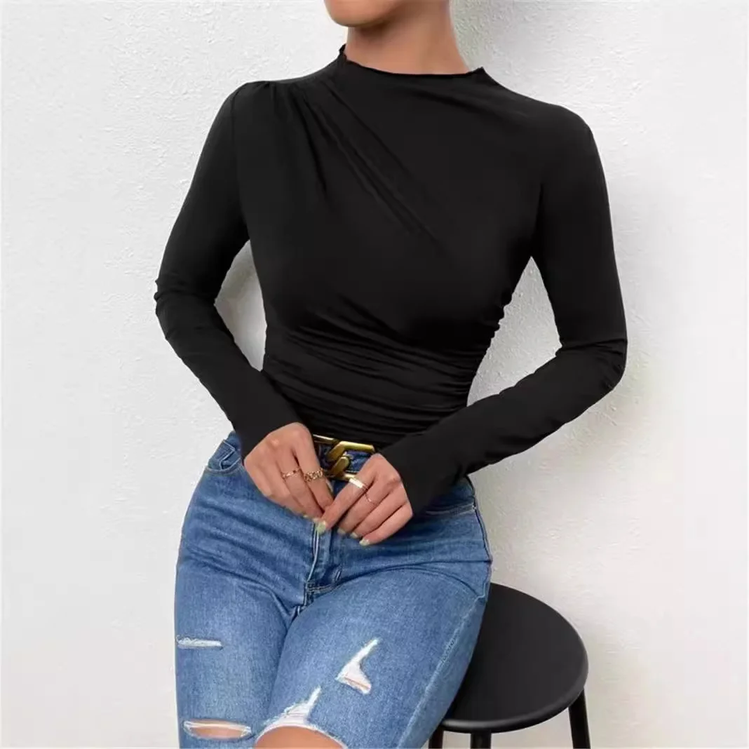 Nigikala Nigikala Summer Solid Color Round Collar Repair Shirt Bran Folding Design Women's Long-Sleeved Top