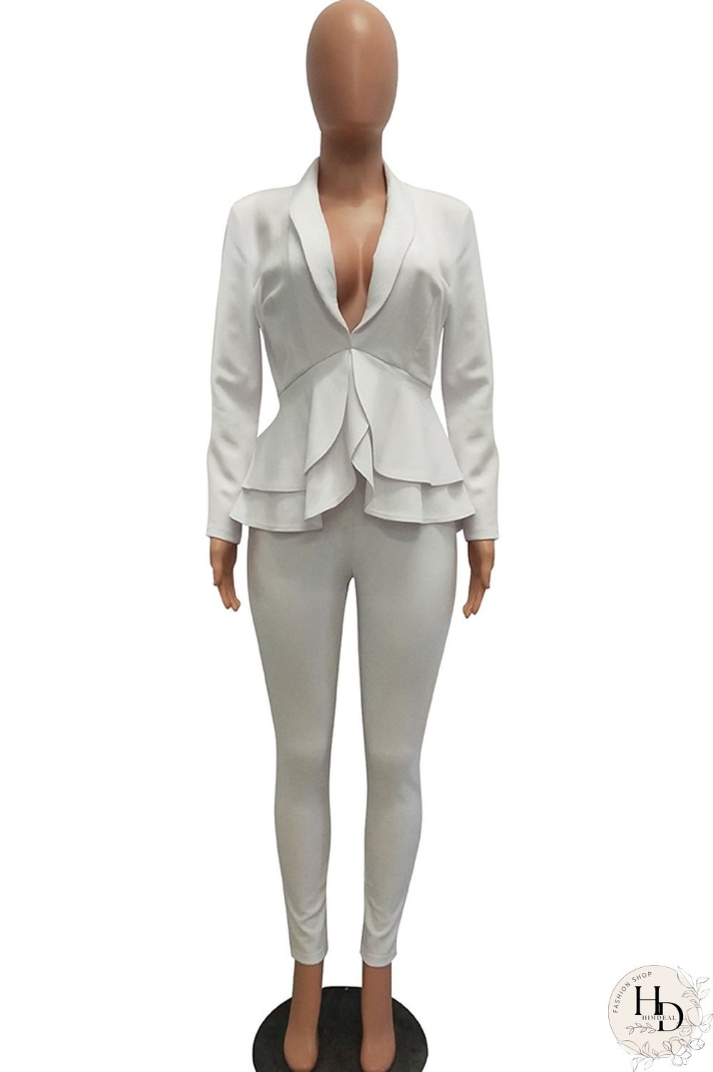 Black Casual Two Piece Suits Patchwork ruffle Solid pencil Long Sleeve