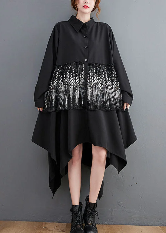 Classy Black Sequins asymmetrical design Dresses Spring